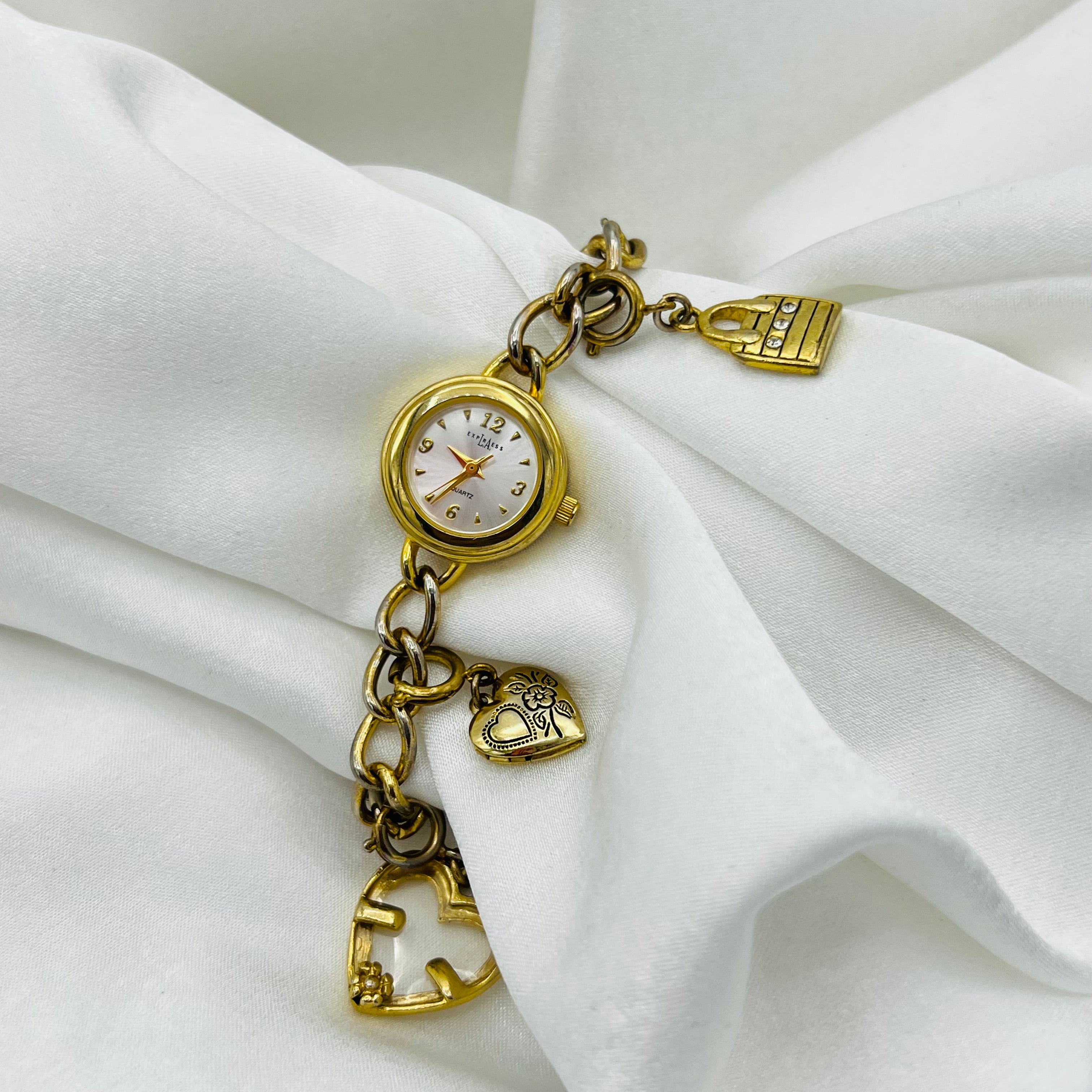 💛 Gold-Toned Charm Watch with Photo Frame Charms + Locket