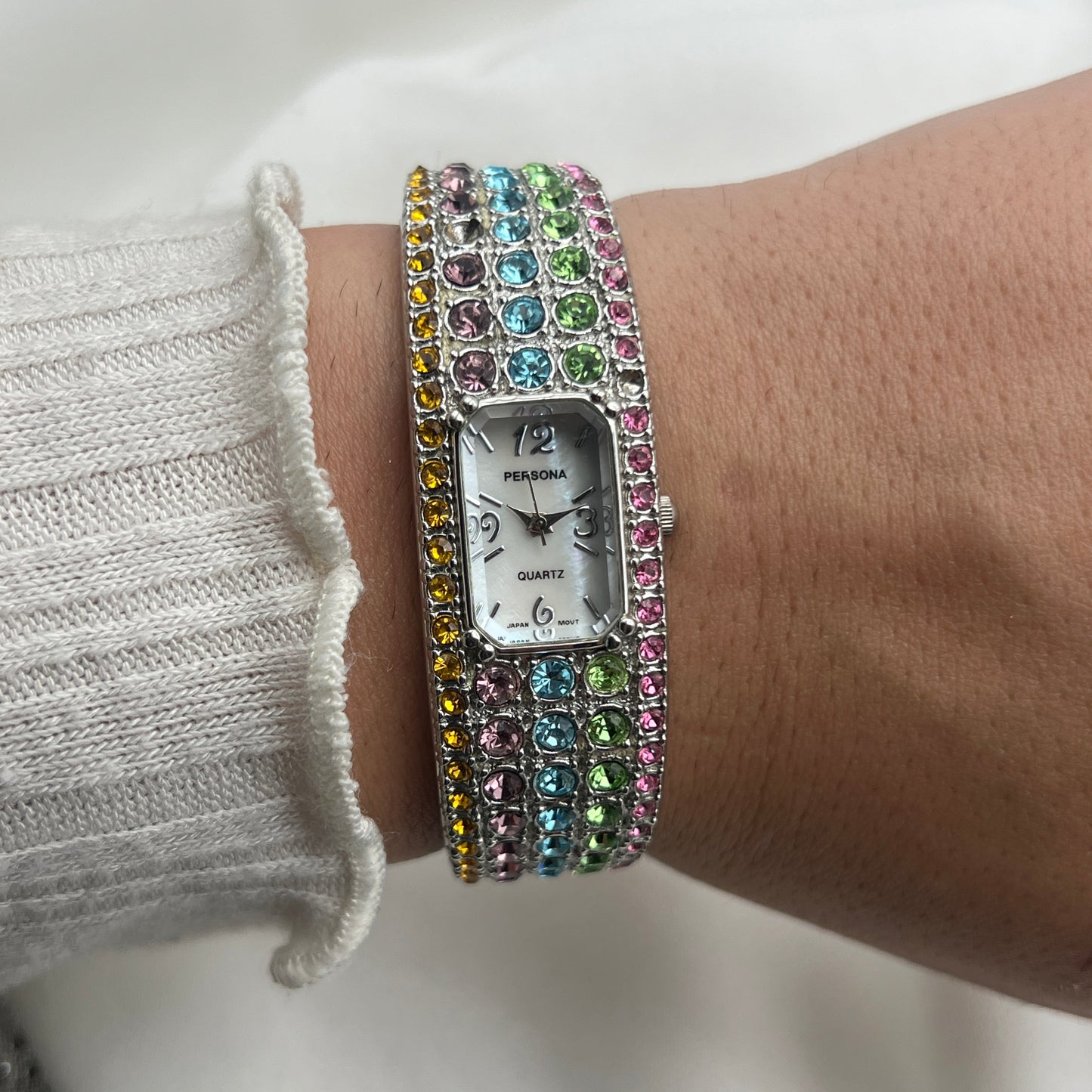 Multi-Colored Rhinestone Watch with Mother of Pearl Watch