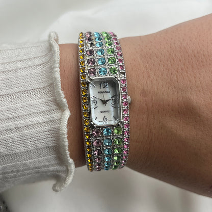 Multi-Colored Rhinestone Watch with Mother of Pearl Watch