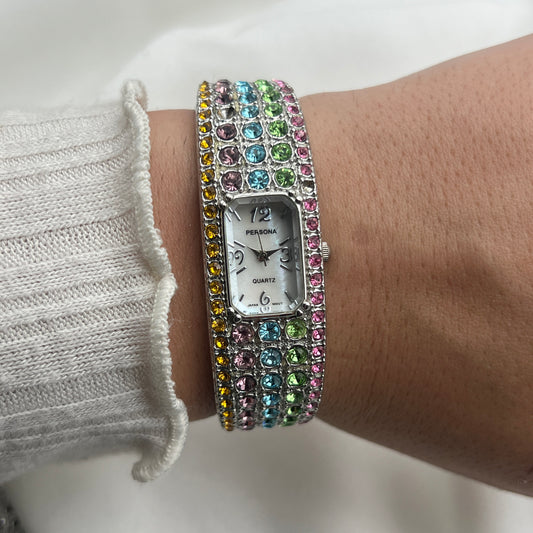 Multi-Colored Rhinestone Watch with Mother of Pearl Watch
