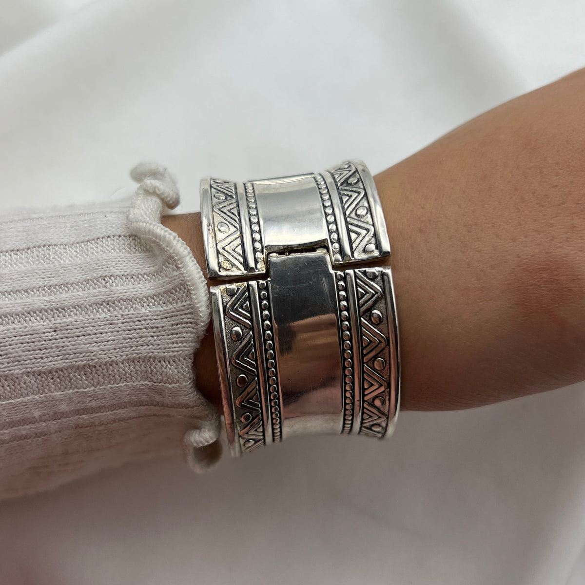 Silver-Tone Geometric Cuff Watch with Mother of Pearl Dial