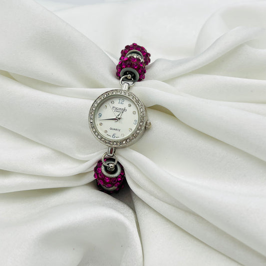 Silver-Toned Watch with Pink Gemstones