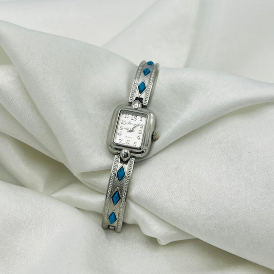 Dainty Silver-Toned Watch with Turquoise Details