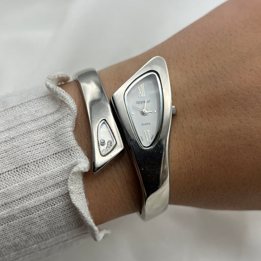 Rhinestone Silver-Tone Cuff Watch
