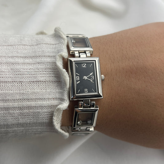 Rhinestone Watch with Black Rectangle Dial
