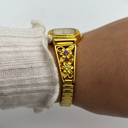 Dainty Gemstone Flower Watch with Mother of Pearl Dial
