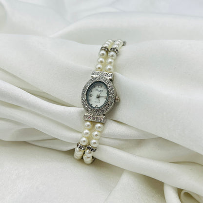 🤍 Pearl Beaded Diamanté Silver-Toned Watch