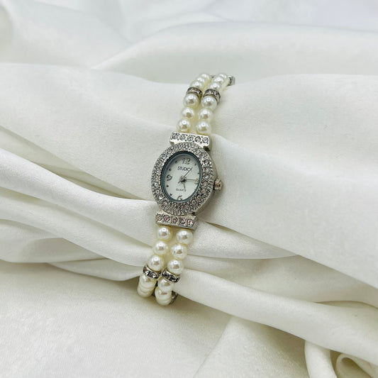 🤍 Pearl Beaded Diamanté Silver-Toned Watch