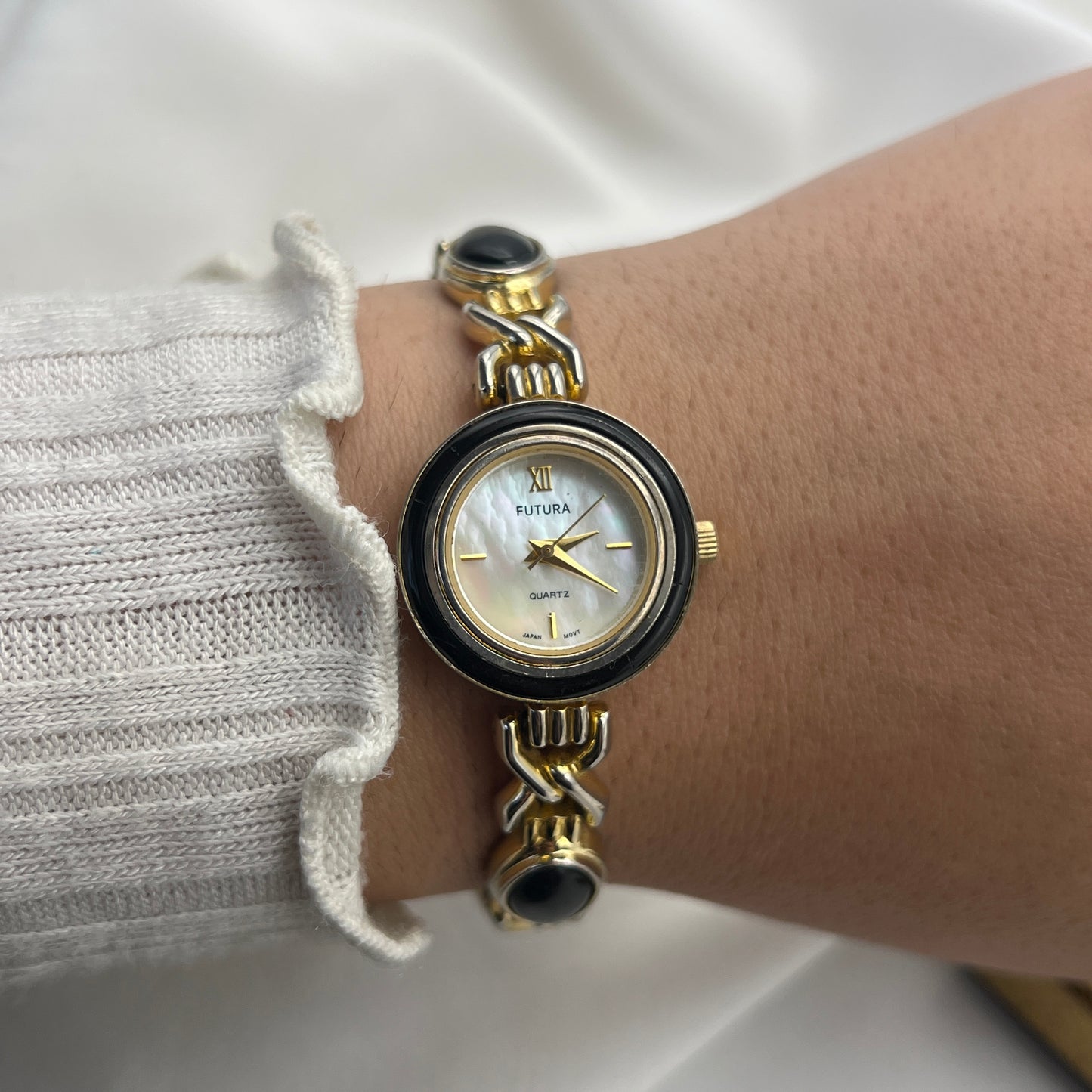 Gold-Tone & Black Detailed Watch with Mother of Pearl Dial