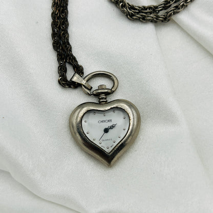 Silver Tone Heart Watch Necklace