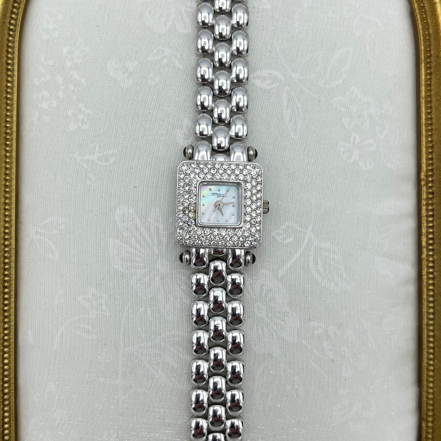 Elegant Diamanté Silver-Tone Watch with Mother of Pearl Dial