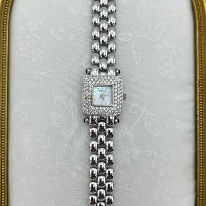 Elegant Diamanté Silver-Tone Watch with Mother of Pearl Dial