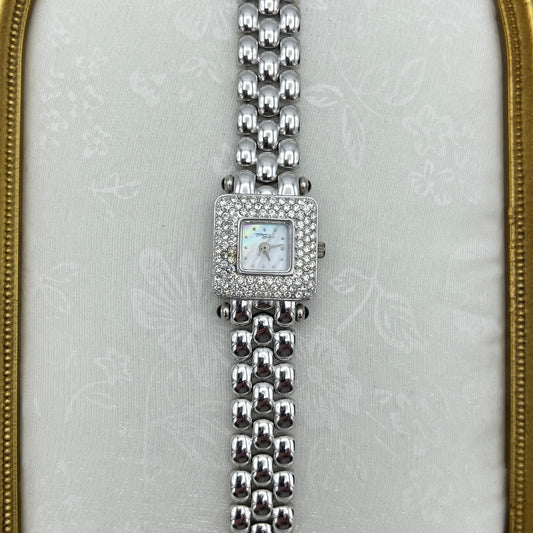 Elegant Diamanté Silver-Tone Watch with Mother of Pearl Dial