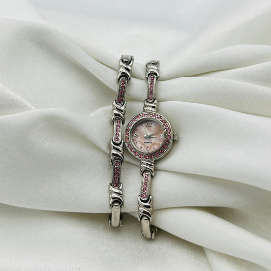 Pink Gemstone Silver-Toned Watch & Bracelet Set with Pink Mother of Pearl Dial