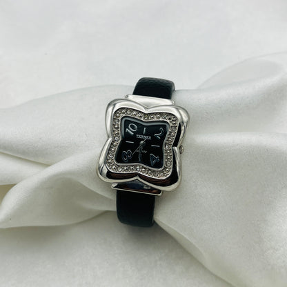 Black Leather Cuff Watch