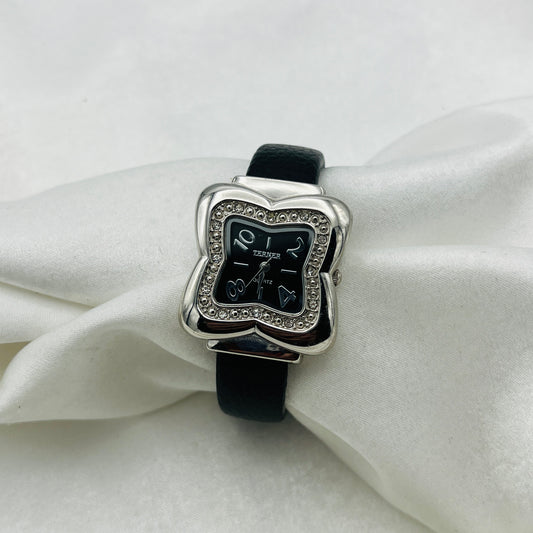 Black Leather Cuff Watch