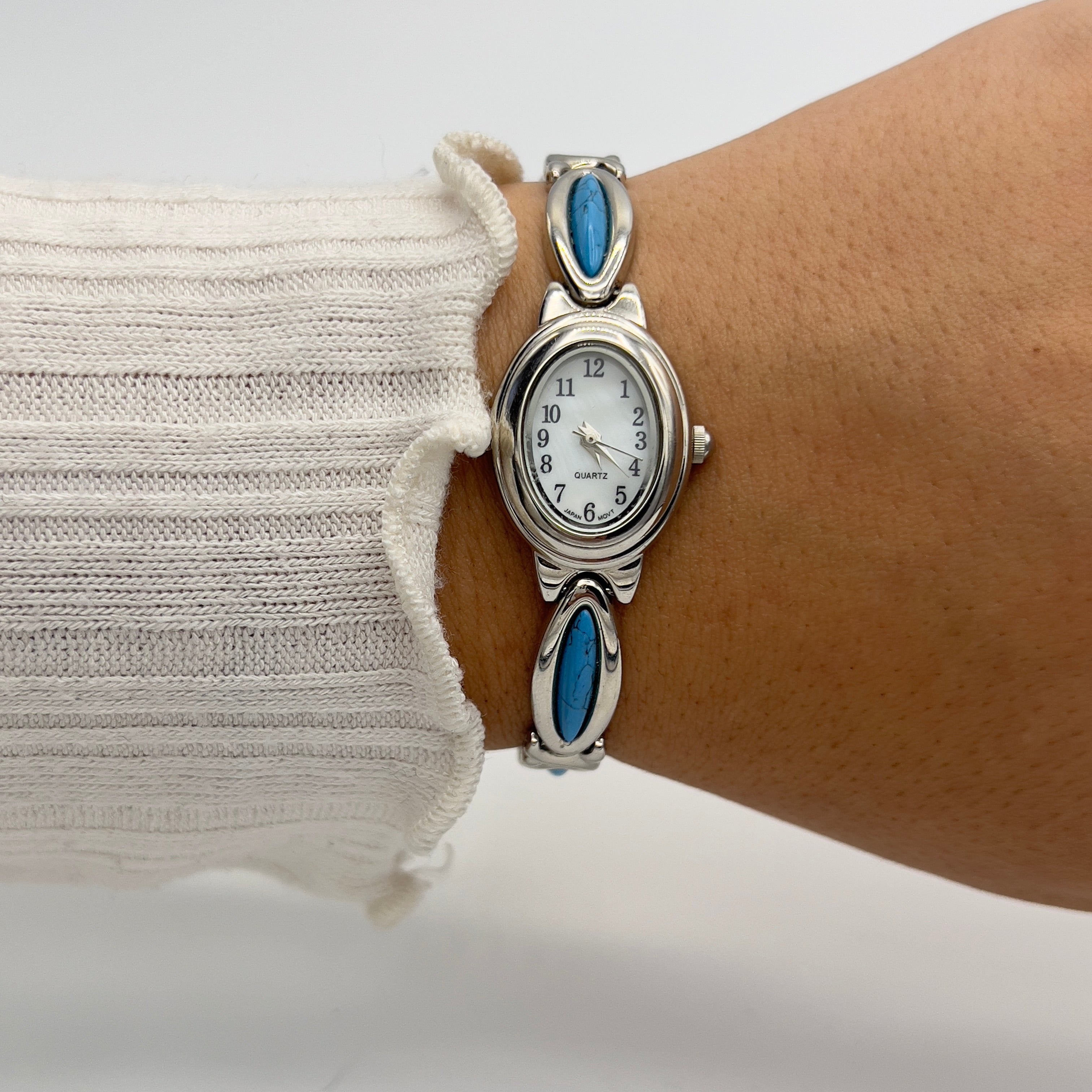 💙 Dainty Silver-Toned Watch with Blue Stone Straps