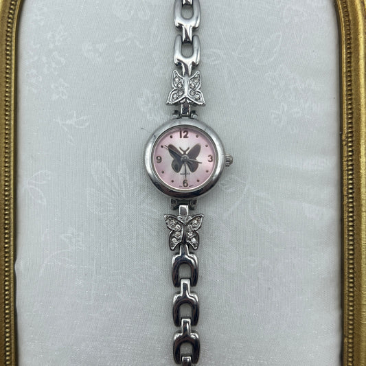 Pink Diamanté Butterfly Silver-Tone Watch