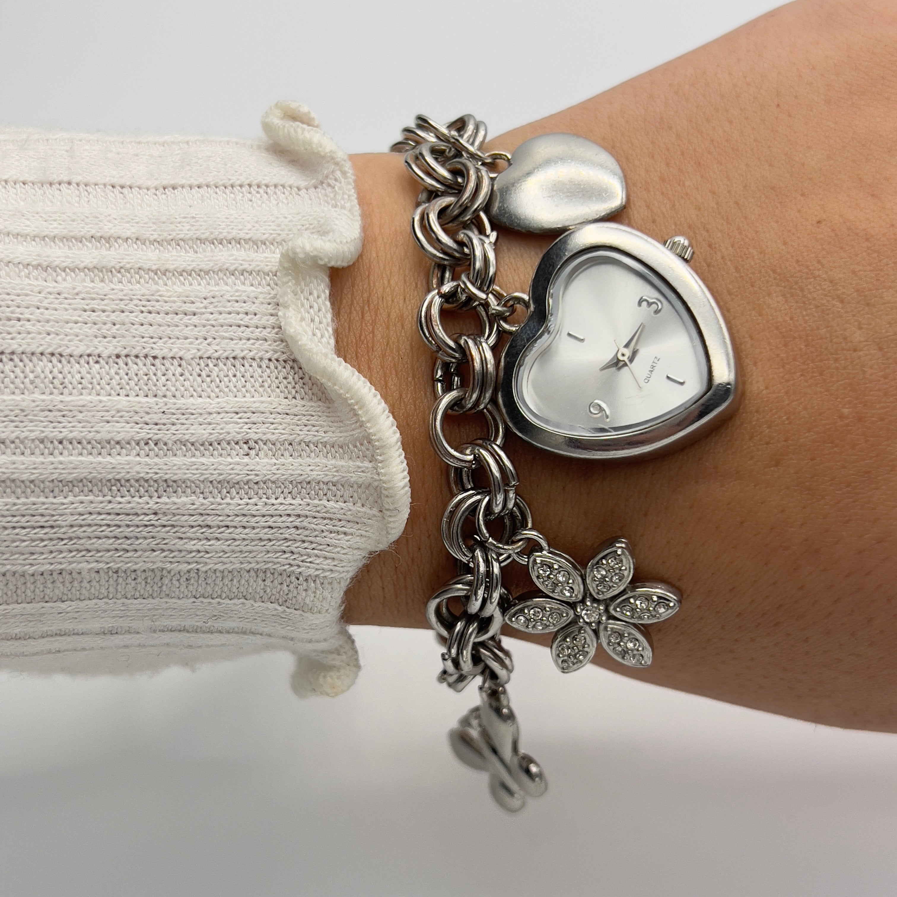 🩶 Silver-Toned Charm Bracelet Watch