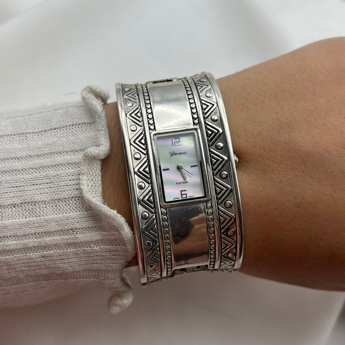 Silver-Tone Geometric Cuff Watch with Mother of Pearl Dial