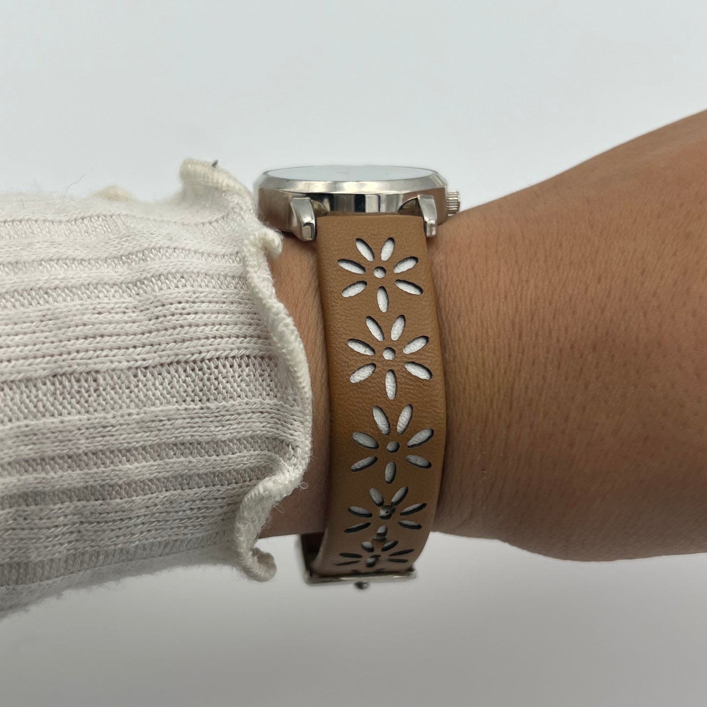 Brown Leather Flower Detailed Watch