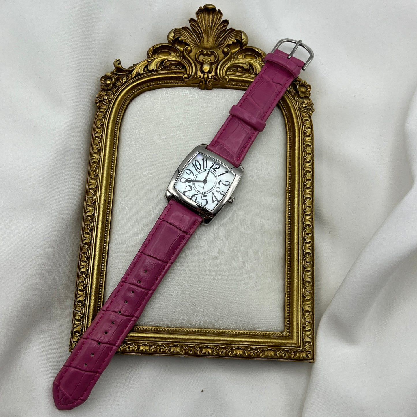 Hot Pink Croc Embossed Watch with Mother of Pearl Dial