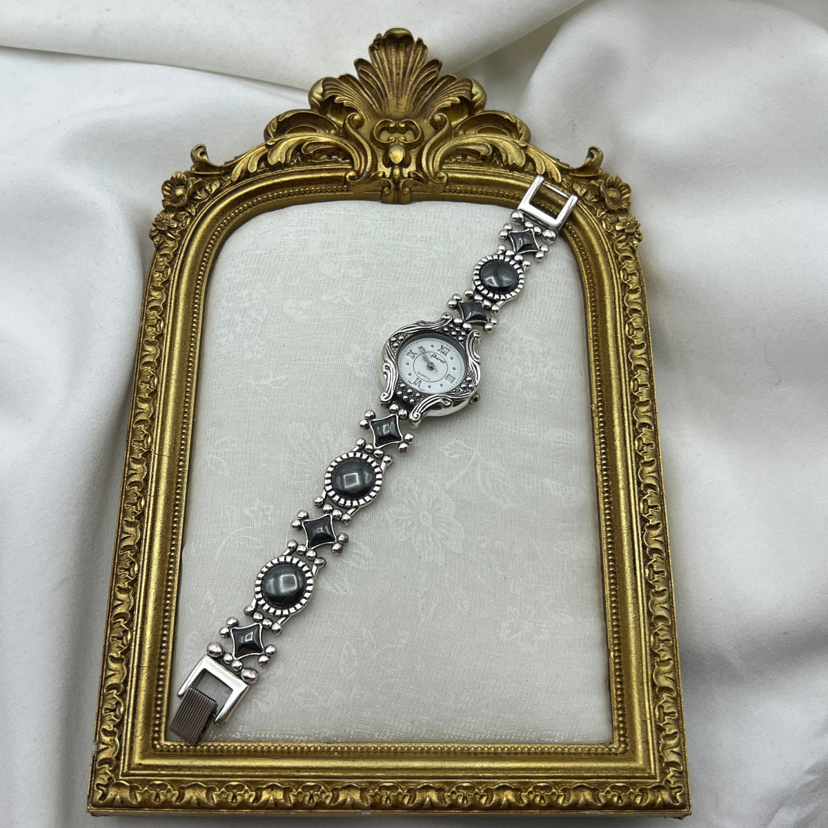 Ornate Black-Detailing Silver-Tone Watch