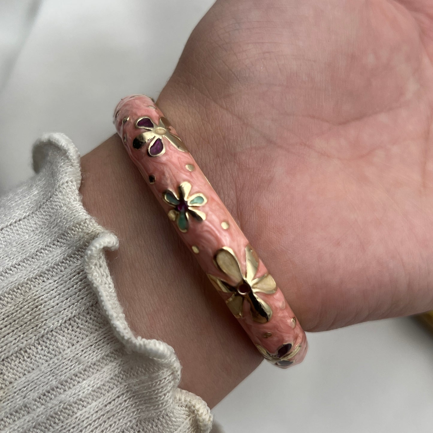 Pink Floral Cloisonné Bangle Bracelet