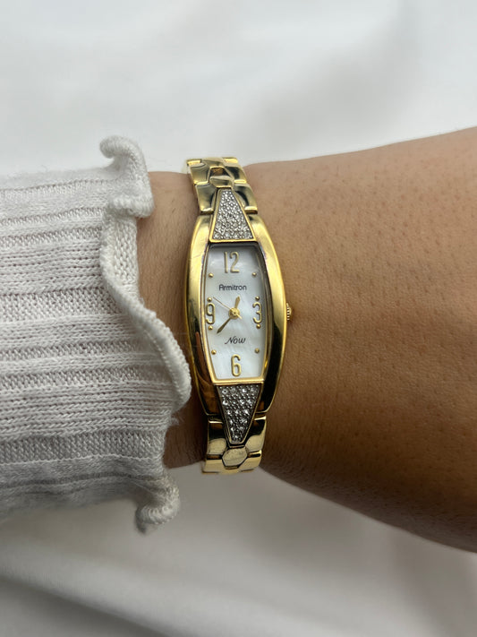 Diamanté Gold-Tone Watch with Mother of Pearl Dial