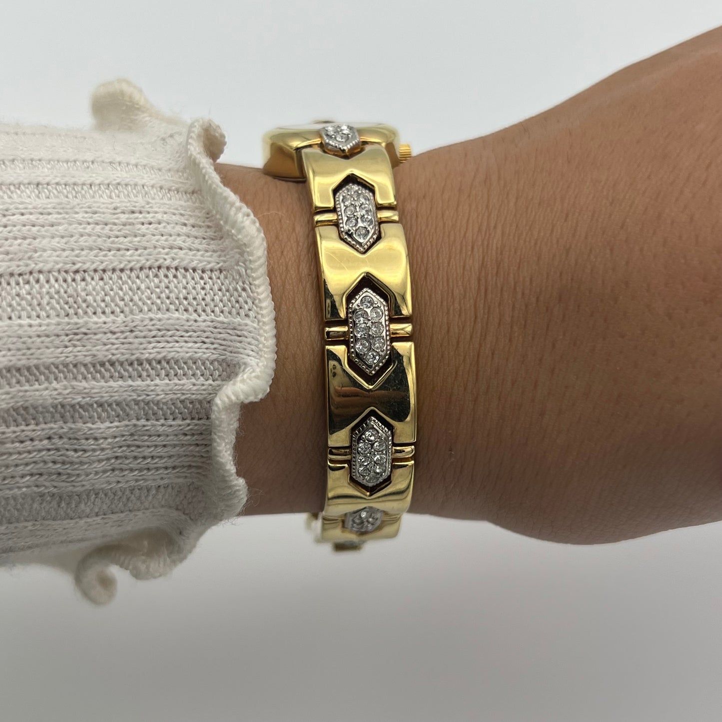 Petite Gold-Toned Diamanté Watch with Mother of Pearl Dial