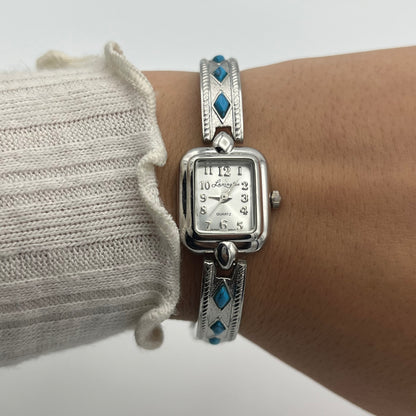 Dainty Silver-Toned Watch with Turquoise Details