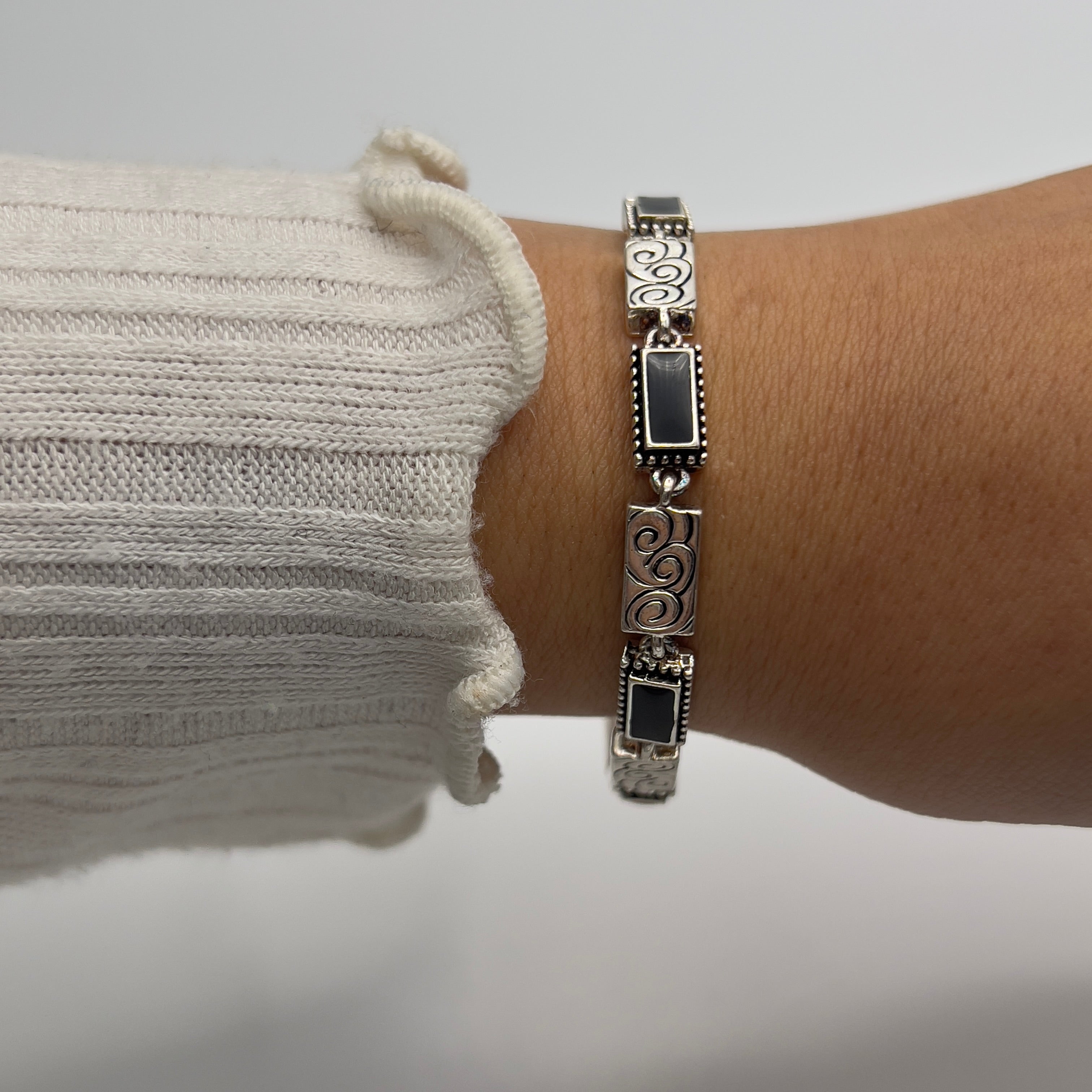 🖤 Silver-Toned Bracelet with Black Detailing