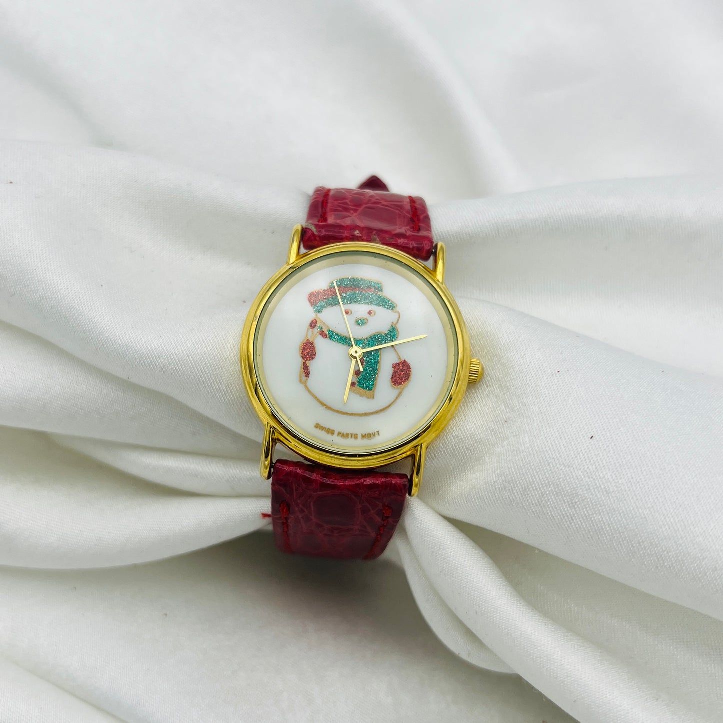 Snowman Red Leather Watch