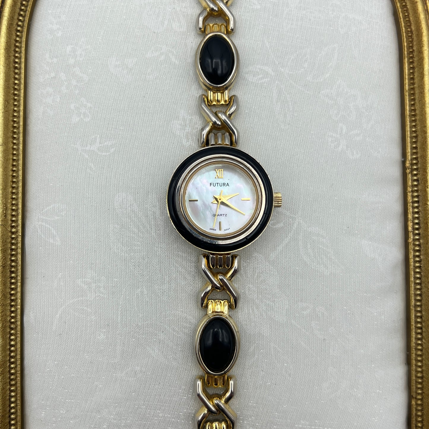 Gold-Tone & Black Detailed Watch with Mother of Pearl Dial