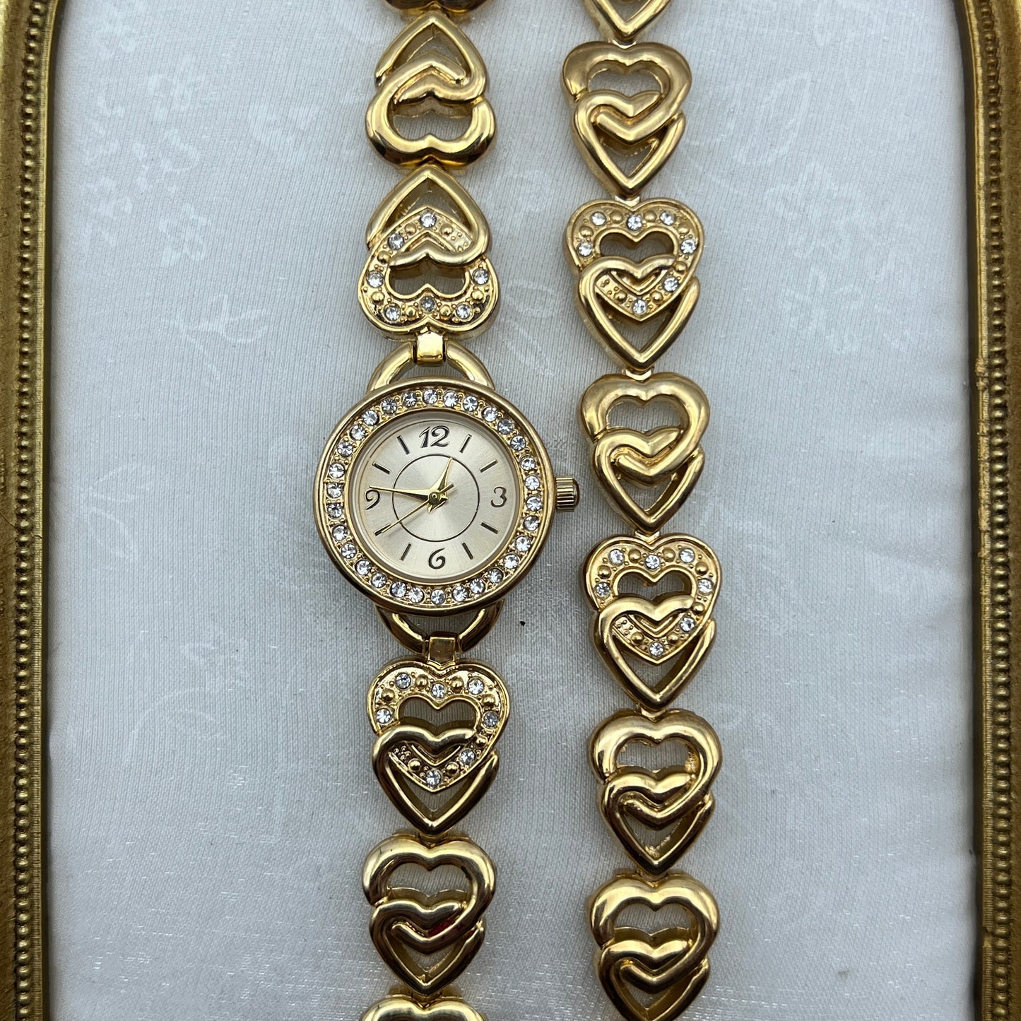 RARE Heart Diamanté Gold-Toned Watch & Bracelet Set