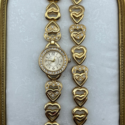 RARE Heart Diamanté Gold-Toned Watch & Bracelet Set
