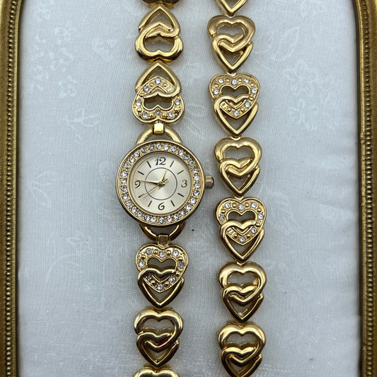 RARE Heart Diamanté Gold-Toned Watch & Bracelet Set
