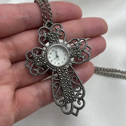 Cross Marcasite Watch Pendant Necklace