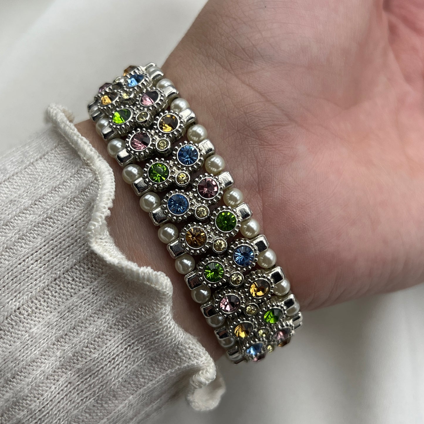 Multi-Colored Crystals & Pearl Watch with Mother of Pearl Dial