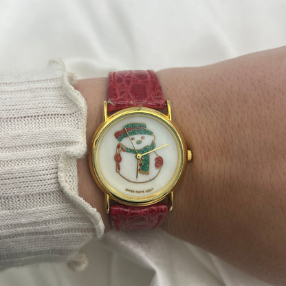 Snowman Red Leather Watch