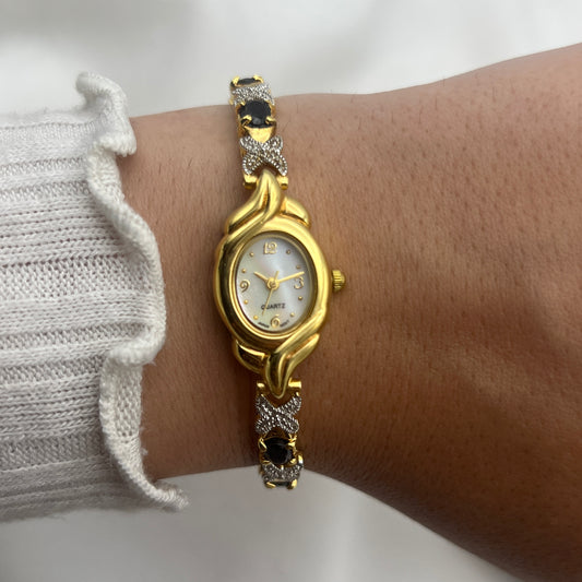 Deep Ruby-Tone Tennis Bracelet Watch with Mother of Pearl Dial
