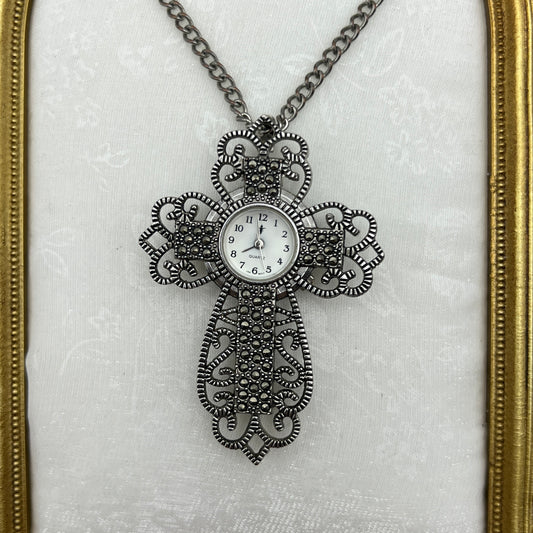 Cross Marcasite Watch Pendant Necklace