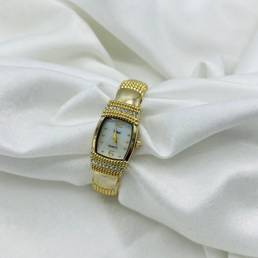 Gold Diamanté Cuff Watch with Mother of Pearl Dial