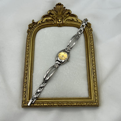 Flower Silver-Tone Watch with Golden Dial