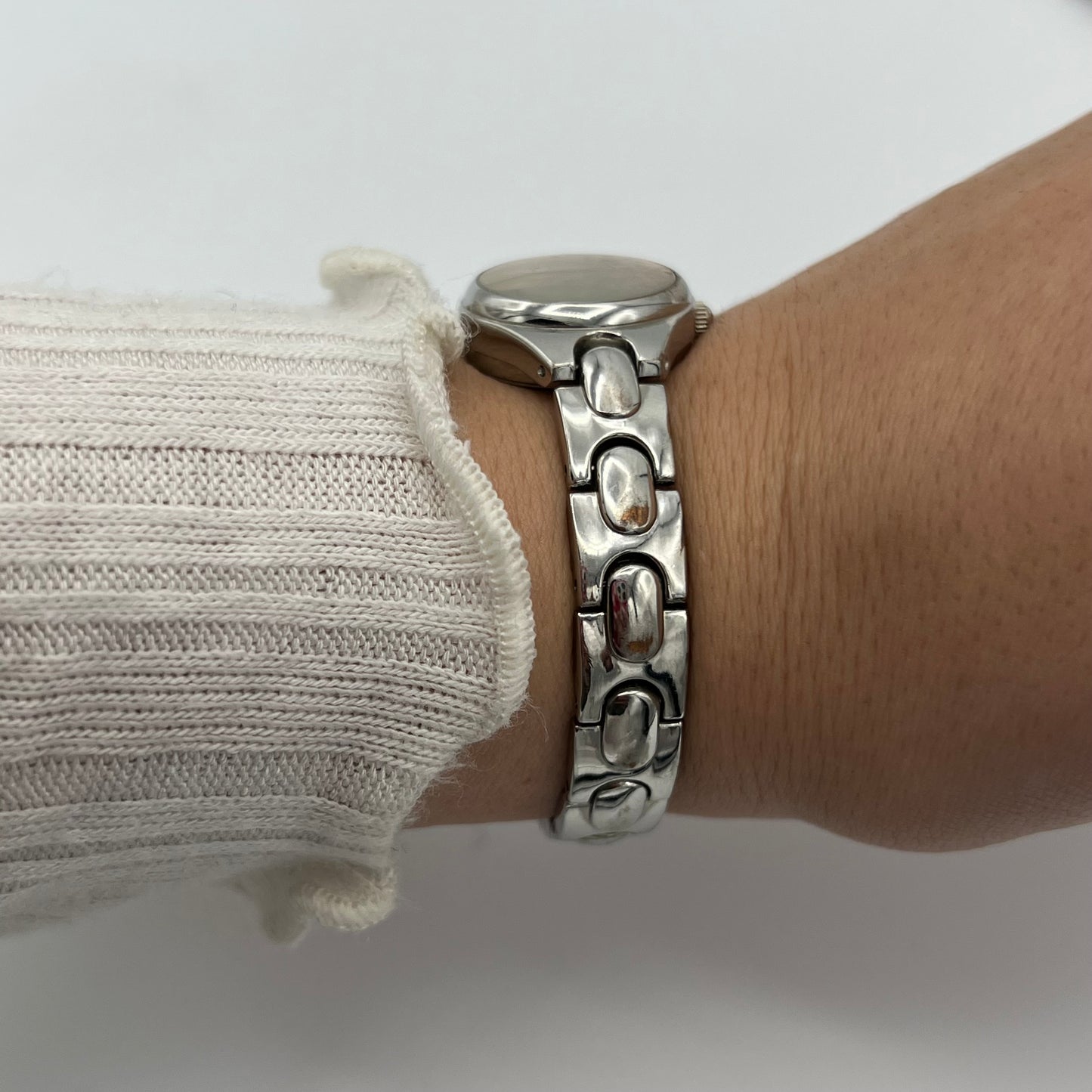 Silver-Toned Watch with Pink Heart Dial