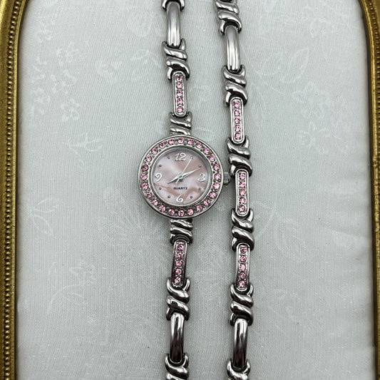 Pink Gemstone Silver-Toned Watch & Bracelet Set with Pink Mother of Pearl Dial