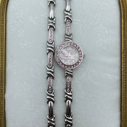 Pink Pearlized Diamanté Watch and Bracelet Set