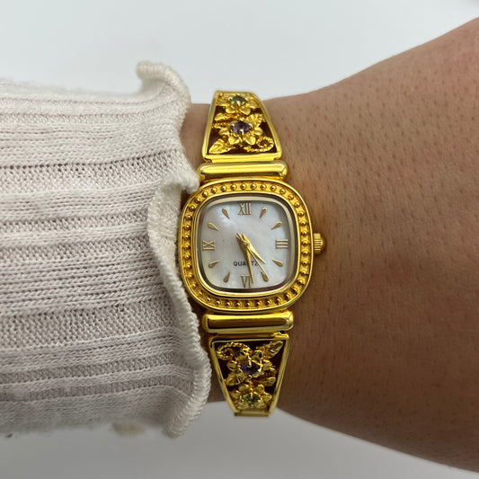 Dainty Gemstone Flower Watch with Mother of Pearl Dial