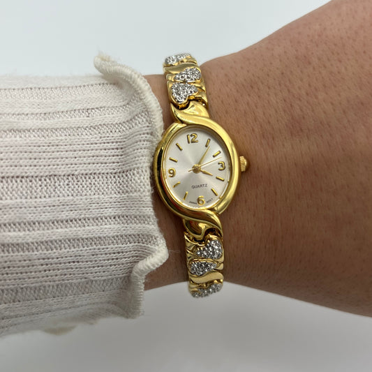 Gold-Toned Watch with Diamanté Hearts