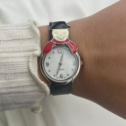 Snowman Black Leather Watch